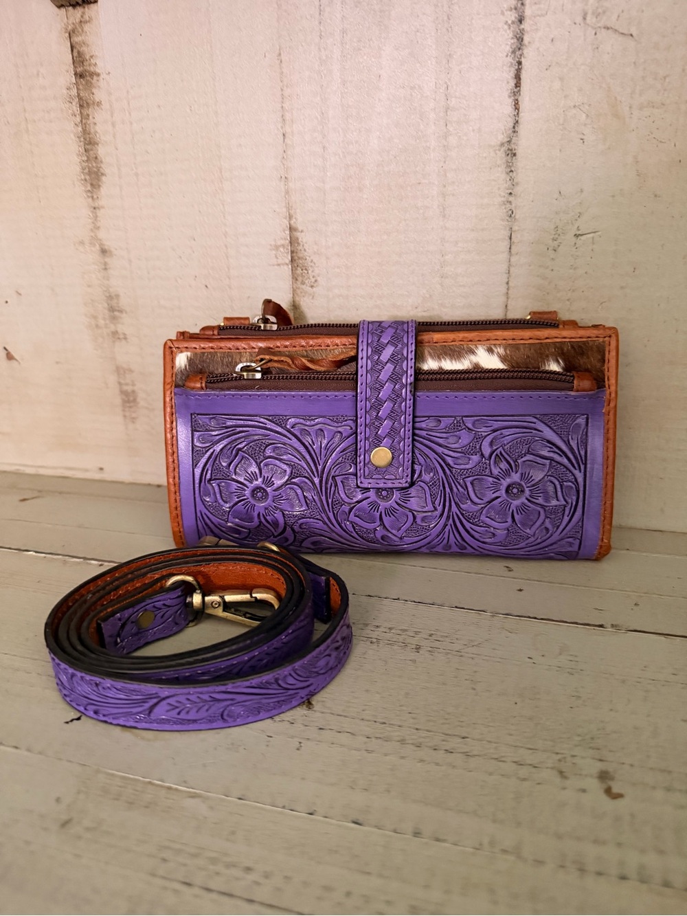 Purple Tooled and Cowhide Genuine Leather Crossbody Wallet